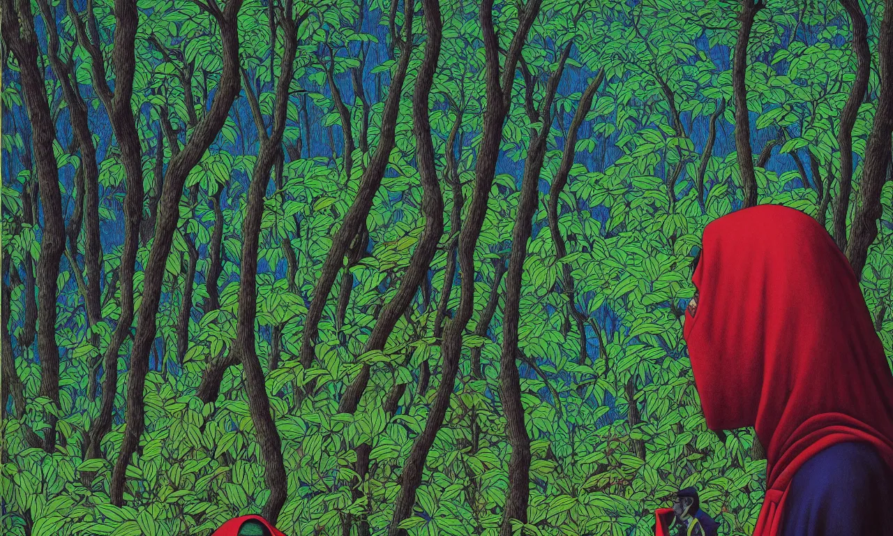 Prompt: a vibrant - colored ultraclear sideview of man wearing black cape hoodie in lush amazon landscape by laurie greasley and rene magritte, ( ( etching by gustave dore ) ), colorful flat surreal, ethereal, intricate, sharp focus, illustration, highly detailed, digital painting, concept art, masterpiece