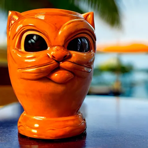 Image similar to a closeup photorealistic photograph of a glossy orange cat garfield style tiki mug sitting at a trader vic's beach bar featuring garfield's face. tiki theme. bright scene. fine detail. this 4 k hd image is trending on artstation, featured on behance, well - rendered, extra crisp, features intricate detail, epic composition and the style of unreal engine.