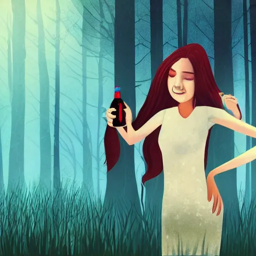 Prompt: a sad vampire girl with a smug smile on her pure face, shes holding a bottle in her right hand and she is suffering but in a positive way, in the background a dark forest is burning to ashes, abstract art
