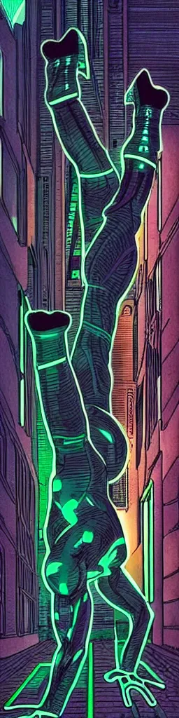 Prompt: a cyborg doing a one handed handstand in a sureal interior cityscape neon lights moebius