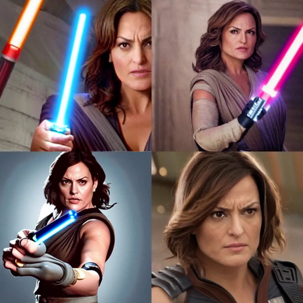 Prompt: mariska hargitay as rey from star wars holding a lightsaber