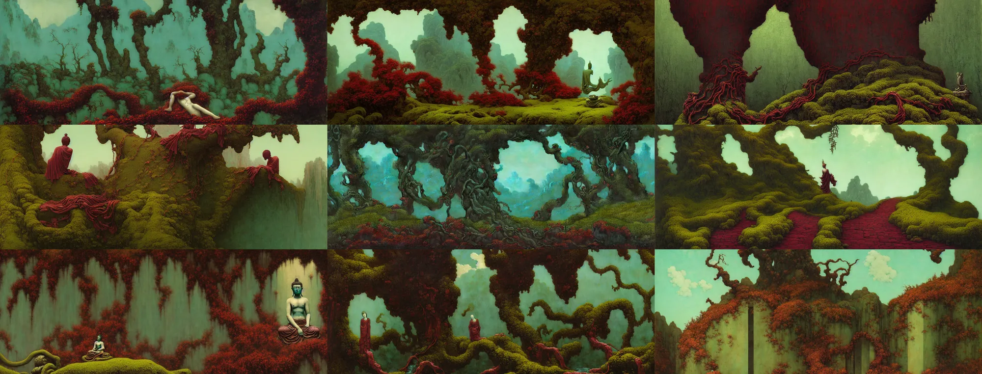 Prompt: a gorgeous bleak autumn painting by barlowe wayne, maxfield parrish, gustave dore and marco mazzoni. close - up shot on a lonely huge chinese buddha statue, broken, moss, stone gate to the dark cave, vines. tiffany blue, maroon, blackish green. the winding stone steps. ultra clear detailed. 3 d, octane render. turbulent blood lake.