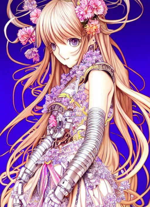 Image similar to highly detailed artstation manga poster of girl mechine, long hair, armor, dress, laces, ruffles, 8 k, rainbow gradient bloom, maximalist, takeshi obata, artgerm, hajime sorayama, alphonse mucha