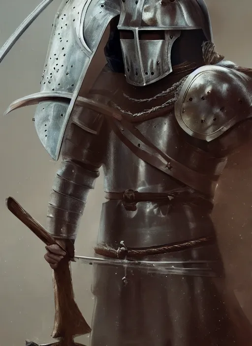 Prompt: oilpainting of a young medieval knight, ugly, hunchback, knight armor, no helmet, stringy hair, blemished face, strong, high resolution, clear image, digital art, studio photo, 4 k, clear lines, artstation