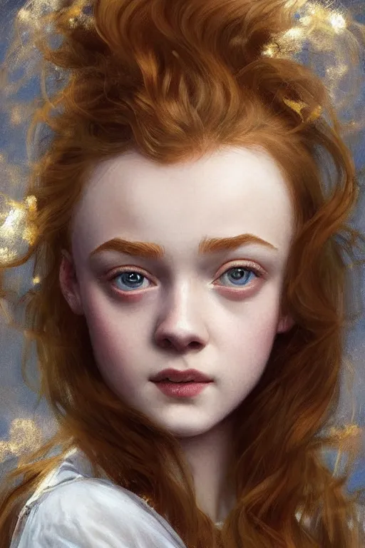 Image similar to Sadie Sink, sparkling eyes, stars in her eyes, shining eyes, grinning, elegant, enticing, sharp features, big flowing hair, traditional roman armor, highly detailed, digital painting, artstation, concept art, smooth, sharp focus, beautiful face, expressive eyes, illustration, art by Artgerm and greg rutkowski and alphonse mucha