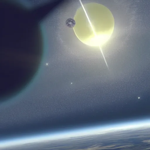 Prompt: the view of a distant sun from the surface of an alien ringworld