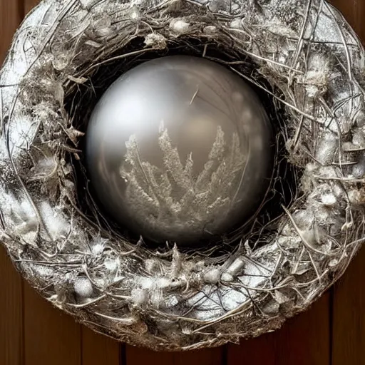 Image similar to a silver sphere backlit in an oil like texture with a wreath made of twigs and animal bones framing it