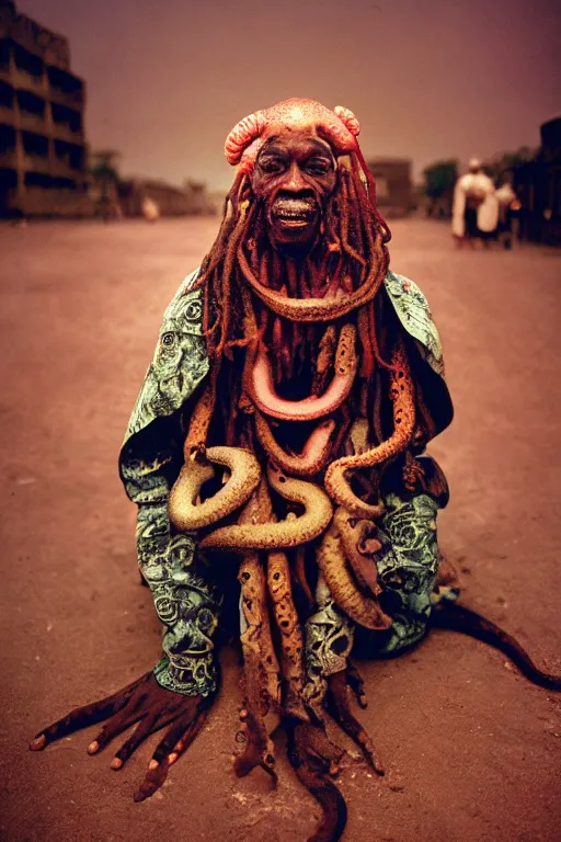 Image similar to A wideangle colorchrome shot of a old screaming voodoo priest with a octopus on his head and the tentacles around his body, low light, style by Steve McCurry, scary, evil looking, wide angle shot