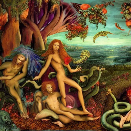 Image similar to horror vacui depicting the garden of eden, adam and eve are eating a giant psychedelic mushroom, snakes and angels are in the background,