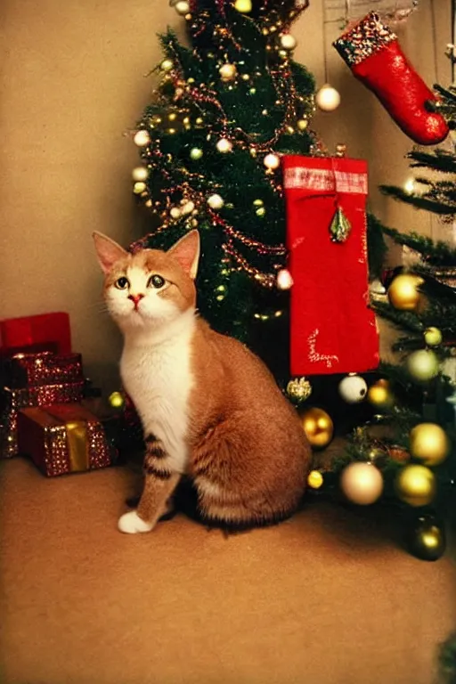 Prompt: retro photo cat in cute clothes on the background of a christmas tree with new year's toys, ussr, sovet ; kodak ektar, 2 0 0 iso, 3 5 mm lens, bill henson style beautiful chiaroscuro lighting, beautiful colour palette, beautiful and realistic, wide shot