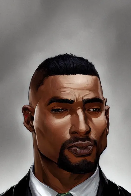 Image similar to detailed digital painting of handsome black man in corporate attire with short natural mohawk, fanart behance trending on artstation, concept art, matte, sharp focus, illustration, super hero pose, hearthstone, art by artgerm and greg rutkowski and alphonse mucha