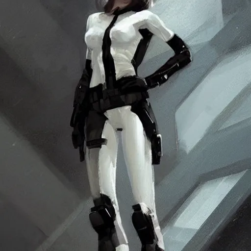 Prompt: concept art by greg rutkowski, a very tall, slender redhead girl wearing futuristic white and black tactical gear, brutalist futuristic interior, dim lighting, detailed portraits, nostalgic atmosphere, scifi, digital painting, artstation, concept art, smooth, sharp foccus ilustration, artstation hq