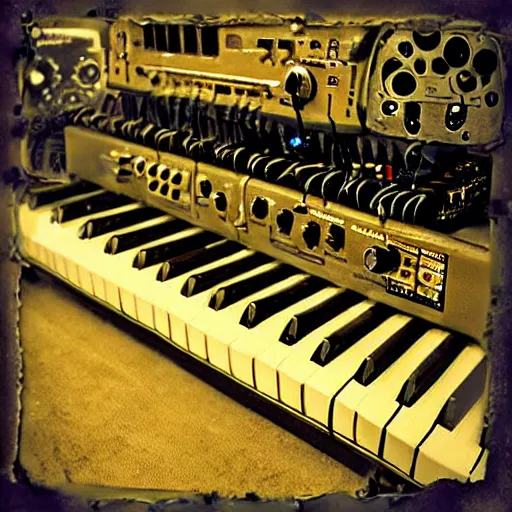 Prompt: “Old steampunk synthesizers with keyboard and audio meters. Lots of wires. Close-up. Scratched and torn old photograph”