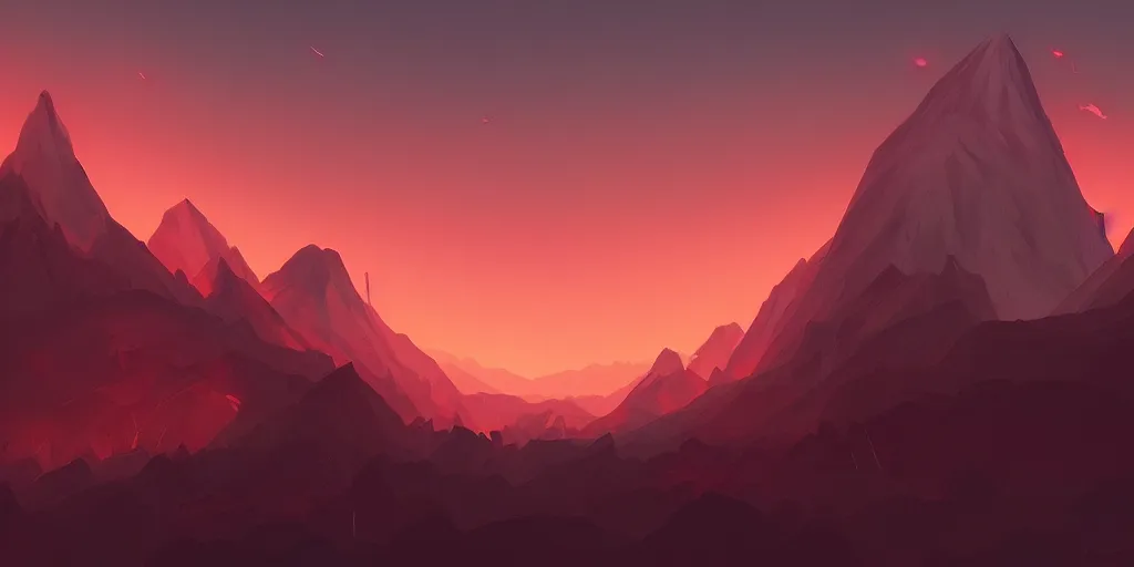 Prompt: Landscape of infernal mountains with red dark sky, ambient lighting, 4k, anime key visual, lois van baarle, ilya kuvshinov, rossdraws, artstation