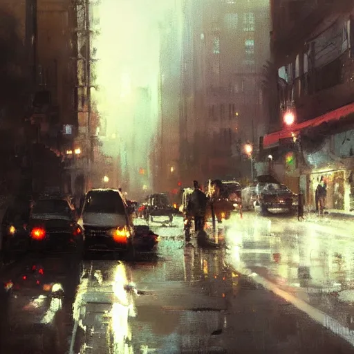 Image similar to detailed street scene, volumetric lighting, painting by jeremy mann