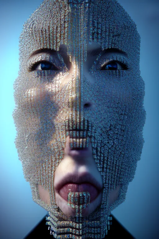 Prompt: hyperrealism, dreamland of chinese, halfturn portrait of a big crystal face made of crystals half - turn, cyberpunk, sss material, ominous, slender and densely arranged teeth, futuristic, art deco, expressive, dystopian, ominous, intricate, oc rendered, concept art, photorealistic, unreal engine render