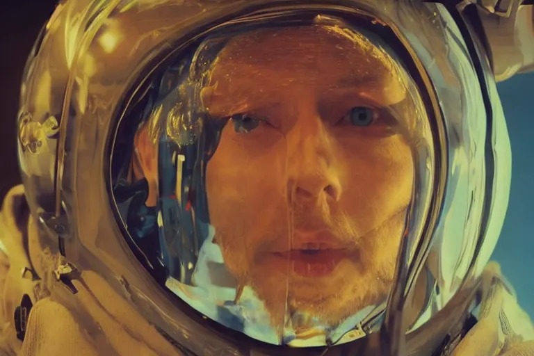 Image similar to thom yorke singer songwriter in a reflective space helmet, helmet filling up with water, video art, anamorphic lens flare, datamosh, beautiful blue eyes, eyes reflecting into eyes reflecting into infinity, eyes reflecting into eyes reflecting into infinity