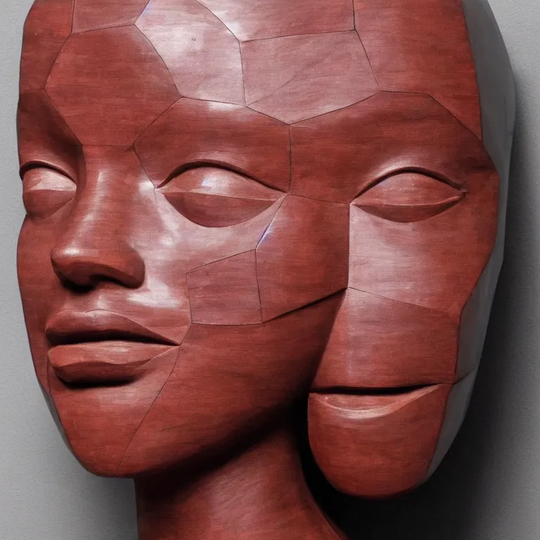 Image similar to monumental sculpture geometric minimalist!!! portrait of a lupita nyong'o, beautiful symmetrical face accurate face detailed face realistic proportions, hand - carved out of red oak wood on a pedestal by stephan balkenhol and martin puryear and, dramatic lighting shocking detail trending on artstation 8 k