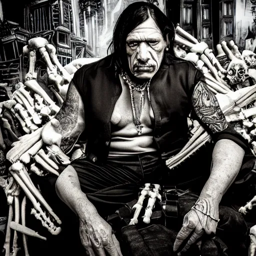 Prompt: a photo of a sad victorian gothic danny trejo sitting on a sofa of bones surrounded by a cyber futuristic cityscape made of human body parts, lighting, 5 0 mm, perfect faces, award winning phhotography