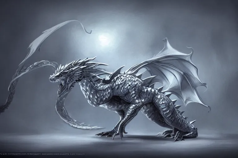 Image similar to full body digital illustration of a baby silver dragon, studio lighting, concept art, matte background, deviantArt, artstation