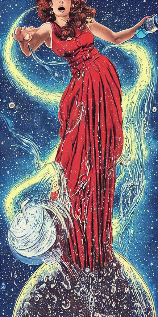 Image similar to a woman in a dress made of outer space pouring water from a vase into the milky way, by joe madura, by art adams.