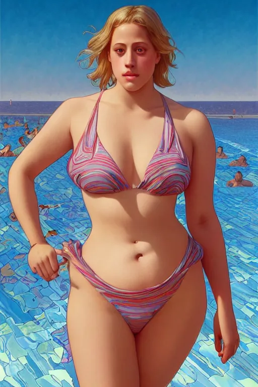 Image similar to obese lili reinhart in swimsuit, realistic, symmetrical, highly detailed, digital painting, artstation, concept art, smooth, sharp focus, illustration, cinematic lighting, art by artgerm and greg rutkowski and alphonse mucha