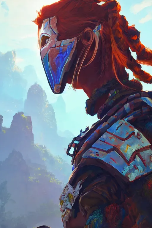 Image similar to combination suit armor aloy horizon forbidden west horizon zero dawn radiating a glowing aura global illumination ray tracing hdr fanart arstation by ian pesty and alena aenami artworks in 4 k tribal robot ninja mask helmet backpack