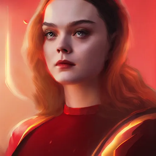 Image similar to portrait of modern darna, elle fanning as scarlett witch in prey, intricate, elegant, dark vibes, highly detailed, digital painting, artstation, glamor pose, concept art, smooth, sharp focus, illustration, art by wlop, mars ravelo and greg rutkowski