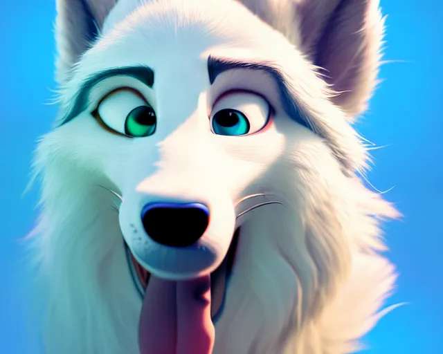 Image similar to portrait of cute white wolf in the style of zootopia, volumetric light, artstation, concept art, 8 k, high detail, perfect