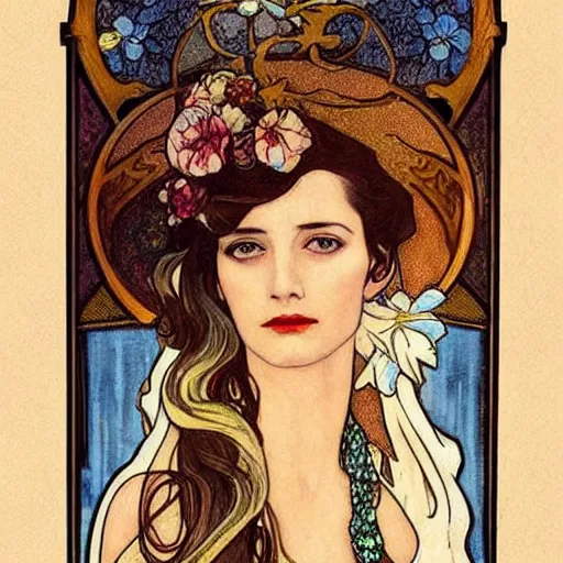 Image similar to eva green, mucha style, art nouveau,