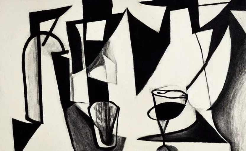 Prompt: minimal, white mug, glass bottle, wine glass, on a table. drawing on painting, brush marks. expressive abstraction. black. in the style of john craxton, similar aesthetics to ivon hitchins. picasso