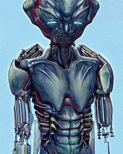 Image similar to a watercolor painting full body character portrait of a humanoid machine mutant in the style of moebius in the style of leonard boyarsky trending on artstation deviantart pinterest detailed photorealistic highlights and shadow hd 8 k post - processing high resolution