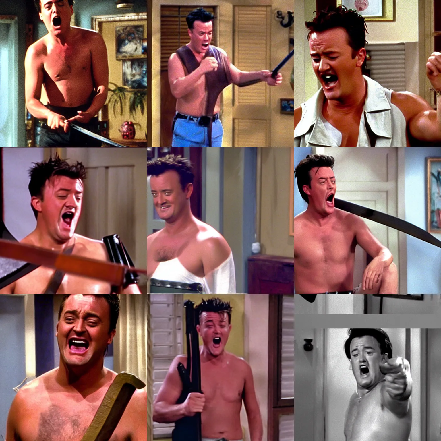 Prompt: chandler bing topless in his apartment holding a samurai sword and screaming,'friends'9 0 s tv show screenshot