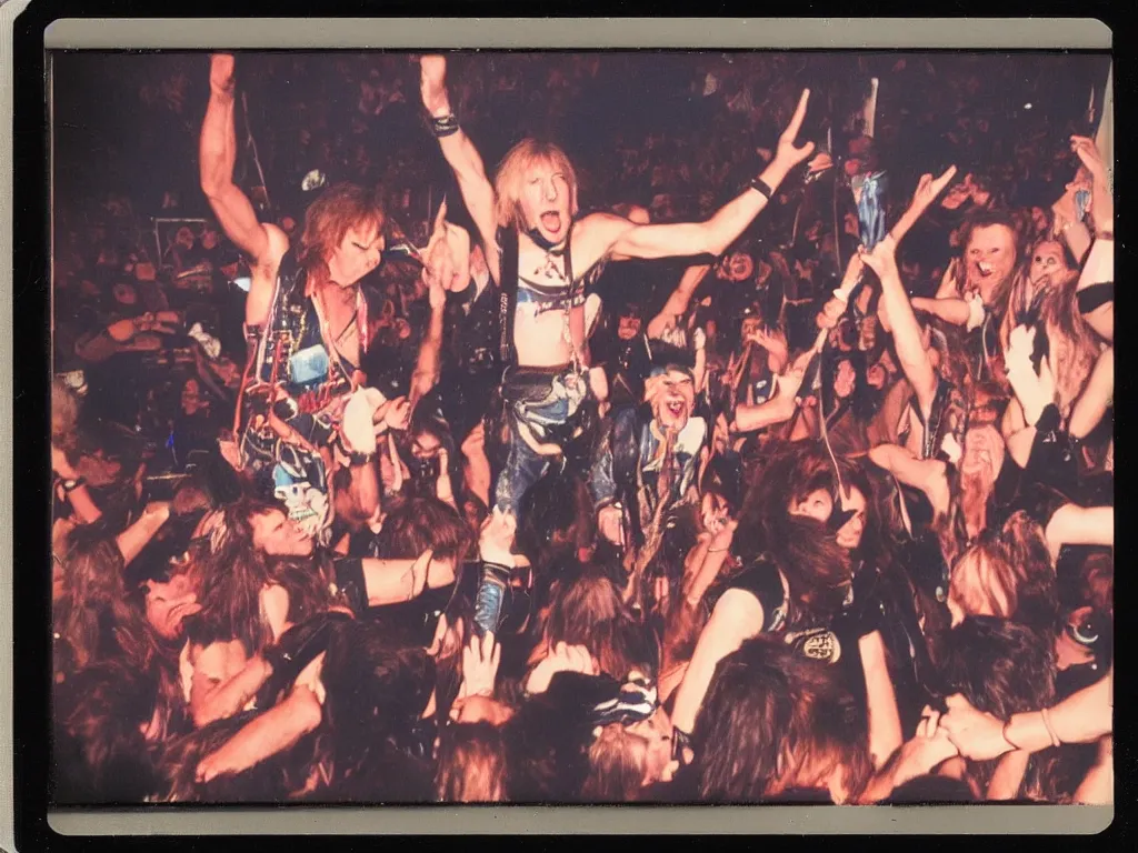 Prompt: 80s polaroid colour flash photograph of Iron Maiden concert