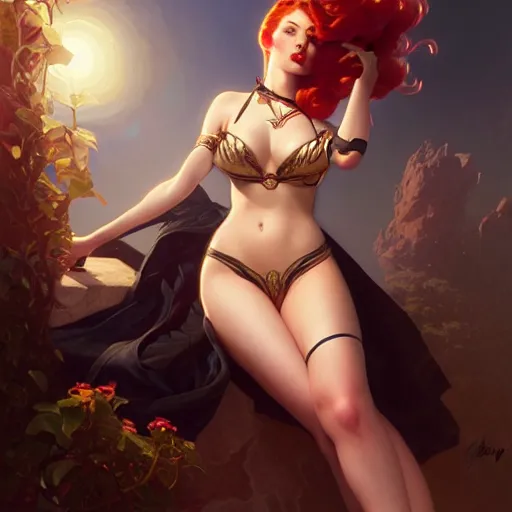 Image similar to of Miss Fortune from League of Legends, dark fantasy, medium shot, intricate, ornate, elegant, highly detailed, digital painting, volumetric light, artstation, concept art, smooth, sharp focus, illustration, art by Gil elvgren and charlie bowater and greg rutkowski and alphonse mucha