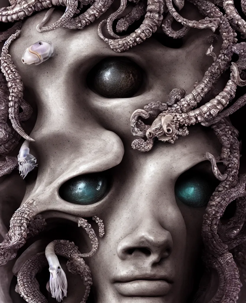 Image similar to goddess princess face close-up portrait ram skull. sculpture made of black stone. jellyfish phoenix head, nautilus, orchid, skull, betta fish, bioluminiscent creatures, intricate artwork by Tooth Wu and wlop and beeple. octane render, trending on artstation, greg rutkowski very coherent symmetrical artwork. cinematic, hyper realism, high detail, octane render, 8k