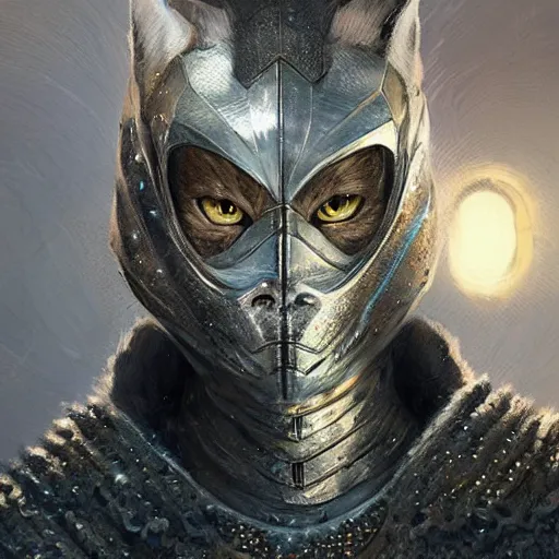 Image similar to portrait of khajit wearing diamond armor from the future,digital art,ultra realistic,ultra detailed,art by greg rutkowski,dramatic