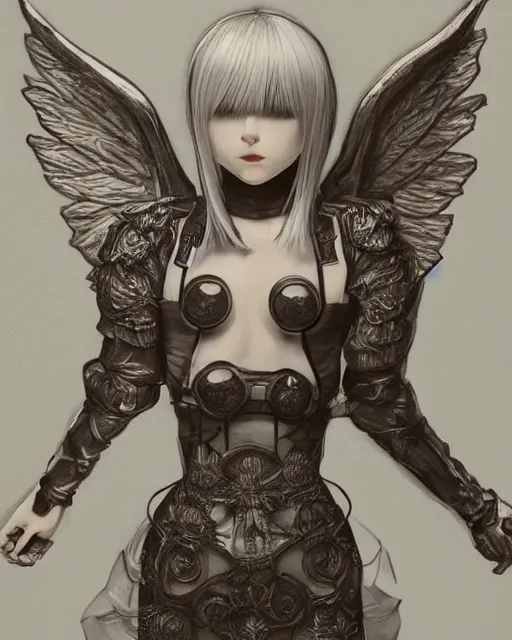 Prompt: infinitely detailed nierautomata painting, pixivartststion, ambient lighting, infinitely detailed body and face, cute and fine face and body. angel relief, fine art, infinitely detailed architectures. clothes