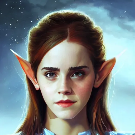 Prompt: a movie still frame, of emma watson as a female elf, oil on linen, beautiful painting, by tooth wu, artgerm, fantasy concept art portrait, by bayard wu,