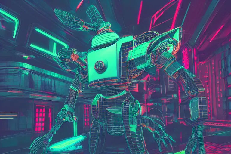 Prompt: 3D render of an intricate retro wave futuristic sci-fi robot, neon lights, in the style of Daniel Dociu, dramatic lighting, vibrant colors, Trending on Artstation HQ, 4K, UHD, High quality, Unreal Engine