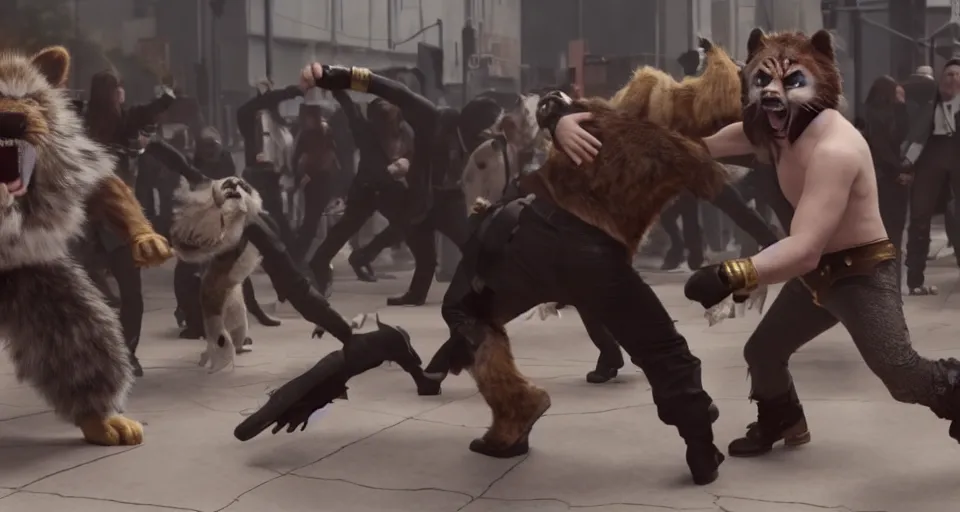 Image similar to nicolas cage beating up furry cosplayers, 4 k, octane render, choreographed fight scene, composition, shot by director park chan - wook