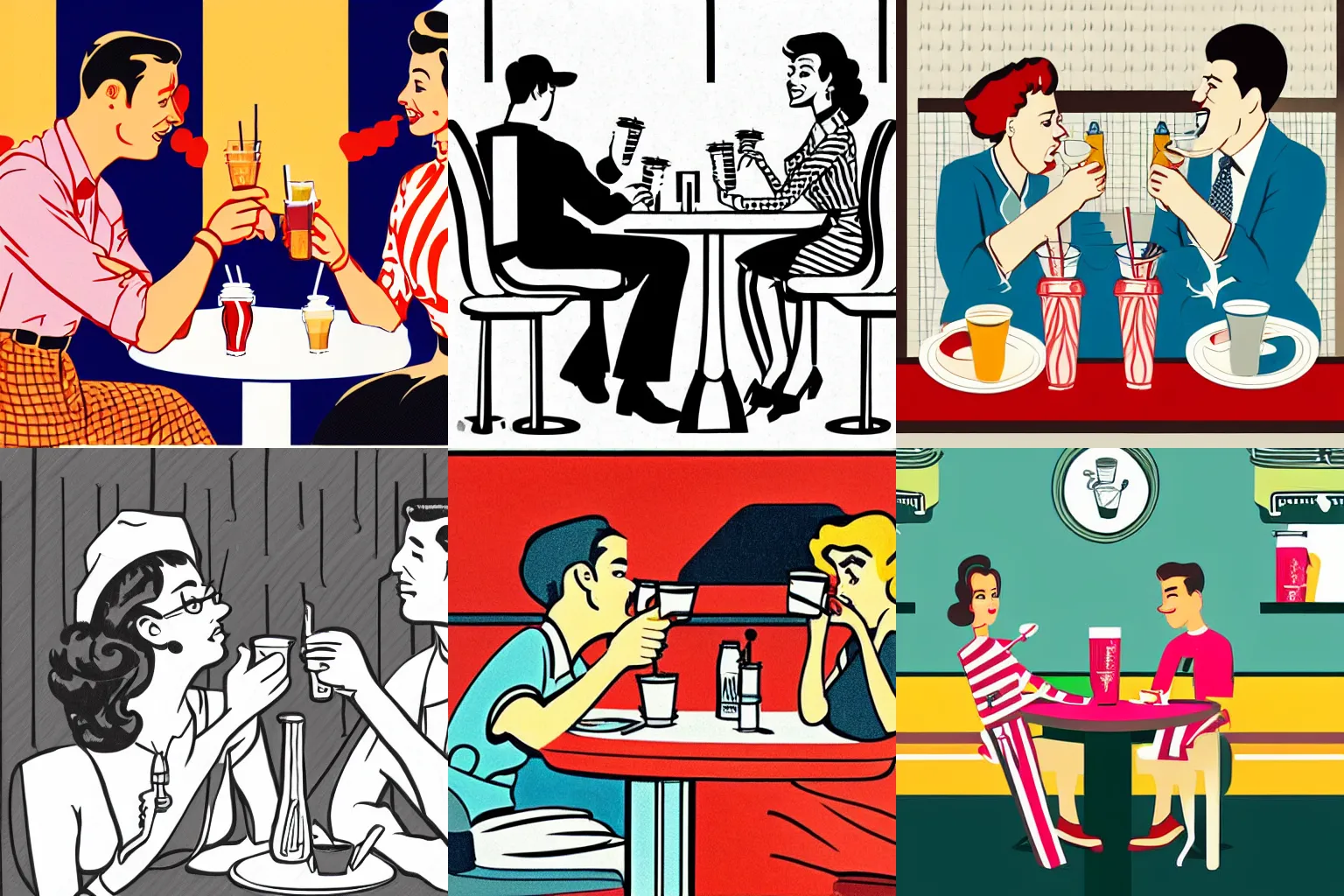 Prompt: illustration of a couple drinking milkshakes in a 1950s diner