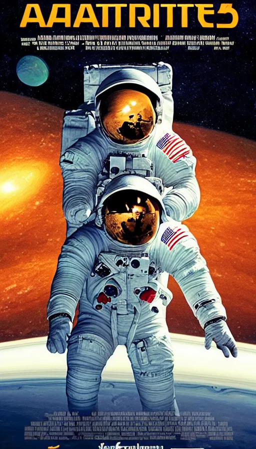 Image similar to movie poster of astronauts, saturn, highly detailed, hyper realistic, large text, fifth element style