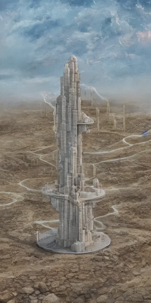 Image similar to urreal theory of a white stepped high tech architecture, ancient epic tower of babylon in the mining tailings in the desert, biroremediation plant, foggy, patchy cactus, oil painting, pale colors, high detail, 8 k, wide angle, trending on artstation, behance