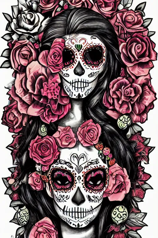 Prompt: illustration of a sugar skull day of the dead girl, vanitas art