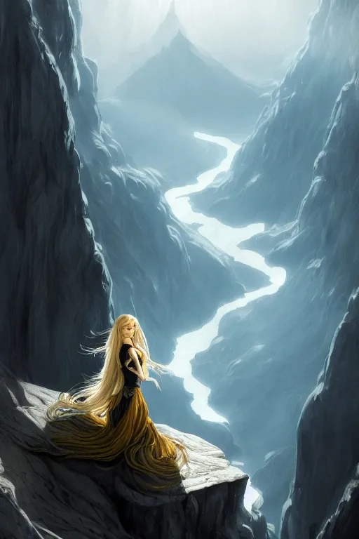 Prompt: A beautiful Norse heroine with long blonde hair on a ledge of deep abyss fantasy with a faulcon on her arm, tibet, vertiginous view and valley, intricate, elegant, highly detailed, D&D, digital painting, artstation, concept art, matte painting, sharp focus, illustration, extremely moody lighting, glowing light and shadow, atmospheric, shadowy, cinematic, in the style of Greg Rutkowski and roger deakins, paolo reversi, jim burn, and Alphonse Mucha