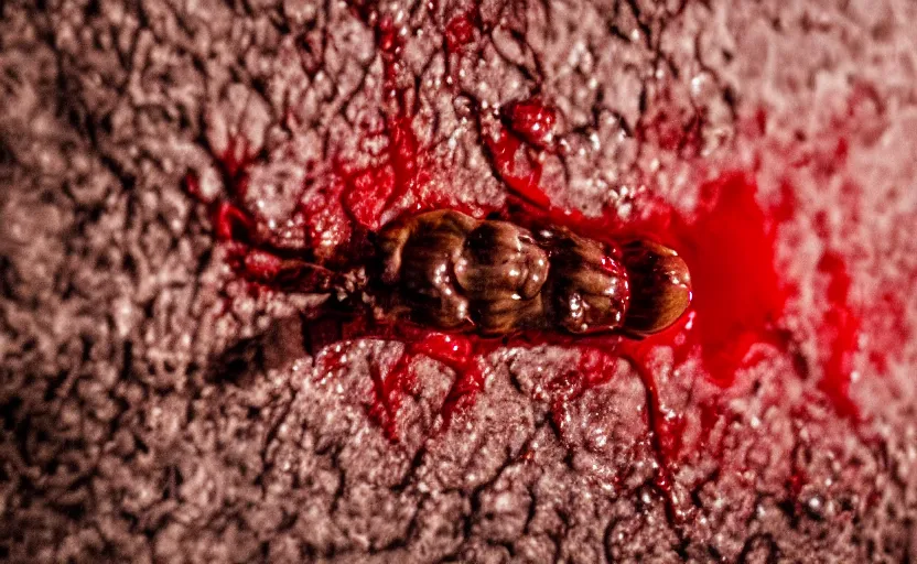 Image similar to a photography of a mushroom dripping blood, photorealistic, terriying, insects flying, 2 4 mm, f 1 4