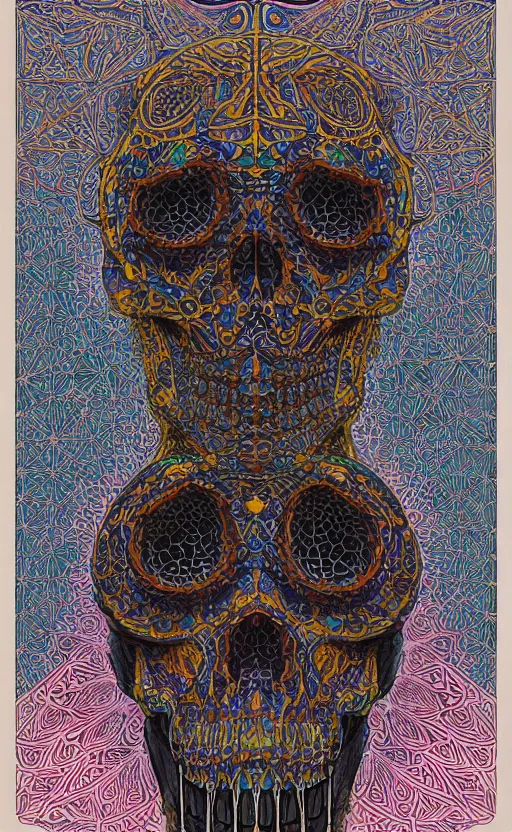 Image similar to intricate skull of a crow, islamic patterns flowing into eachother, voronoi, fibonacci sequence, leaves, by Moebius, hiroshi yoshida, mosque, intricate delicate mathematical patterns, cgsociety, complementary colour scheme, psychedelic, 3d