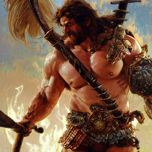 Image similar to muscular male barbarian fighting the world, intricate details, large sword, smoke and fire, by Stanley Artgerm Lau, by greg rutkowski, by thomas kindkade, by alphonse mucha, loish, by norman rockwell J.