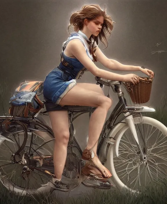 Image similar to portrait of barbara palvin riding a bicycle in denim shorts, side view, intricate, elegant, highly detailed, digital painting, artstation, concept art, art by artgerm and greg rutkowski and alphonse mucha